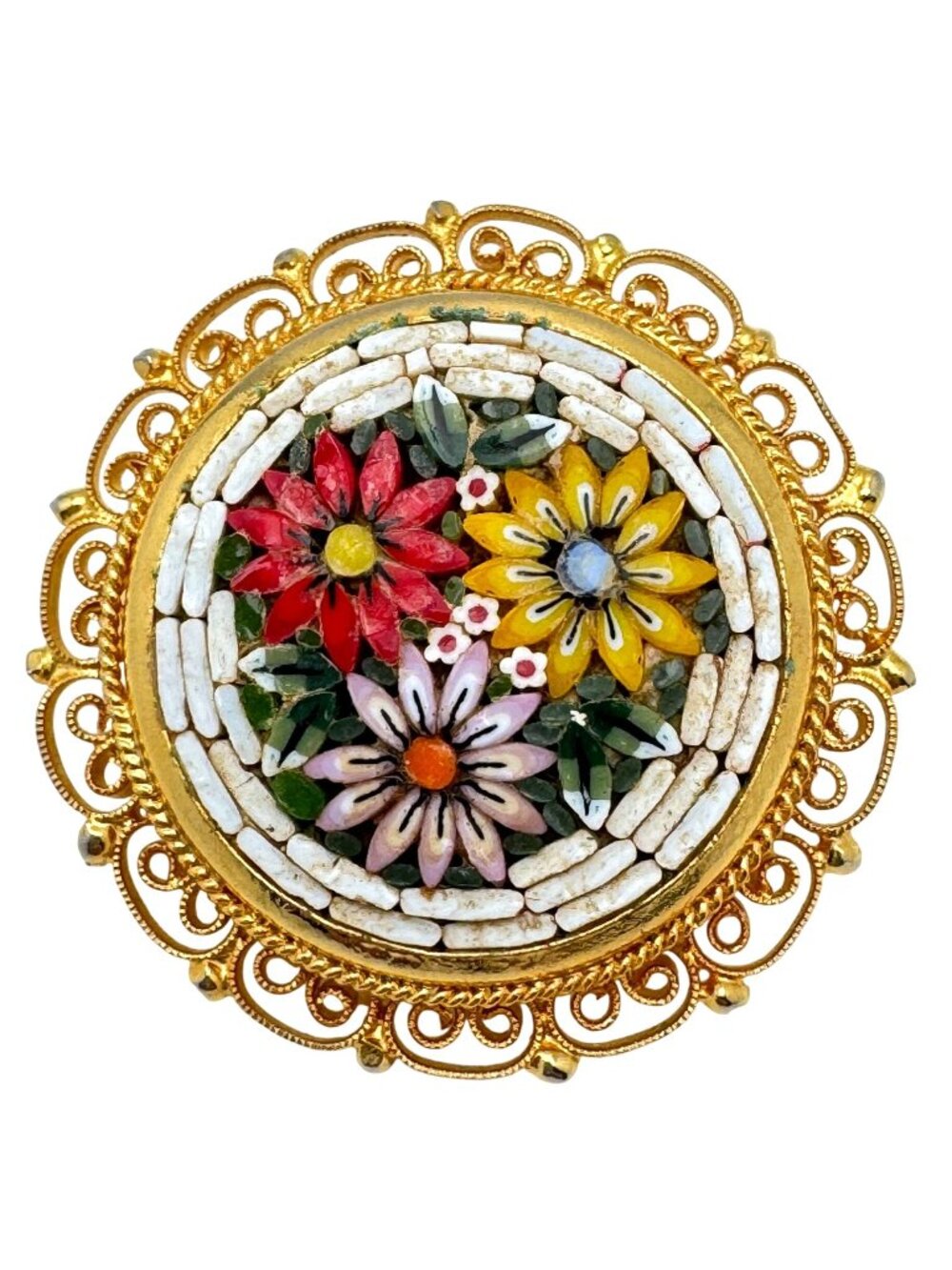 Vtg Italian Gold-Tone Micro Mosaic Floral Brooch Intricate Tesserae Filigree